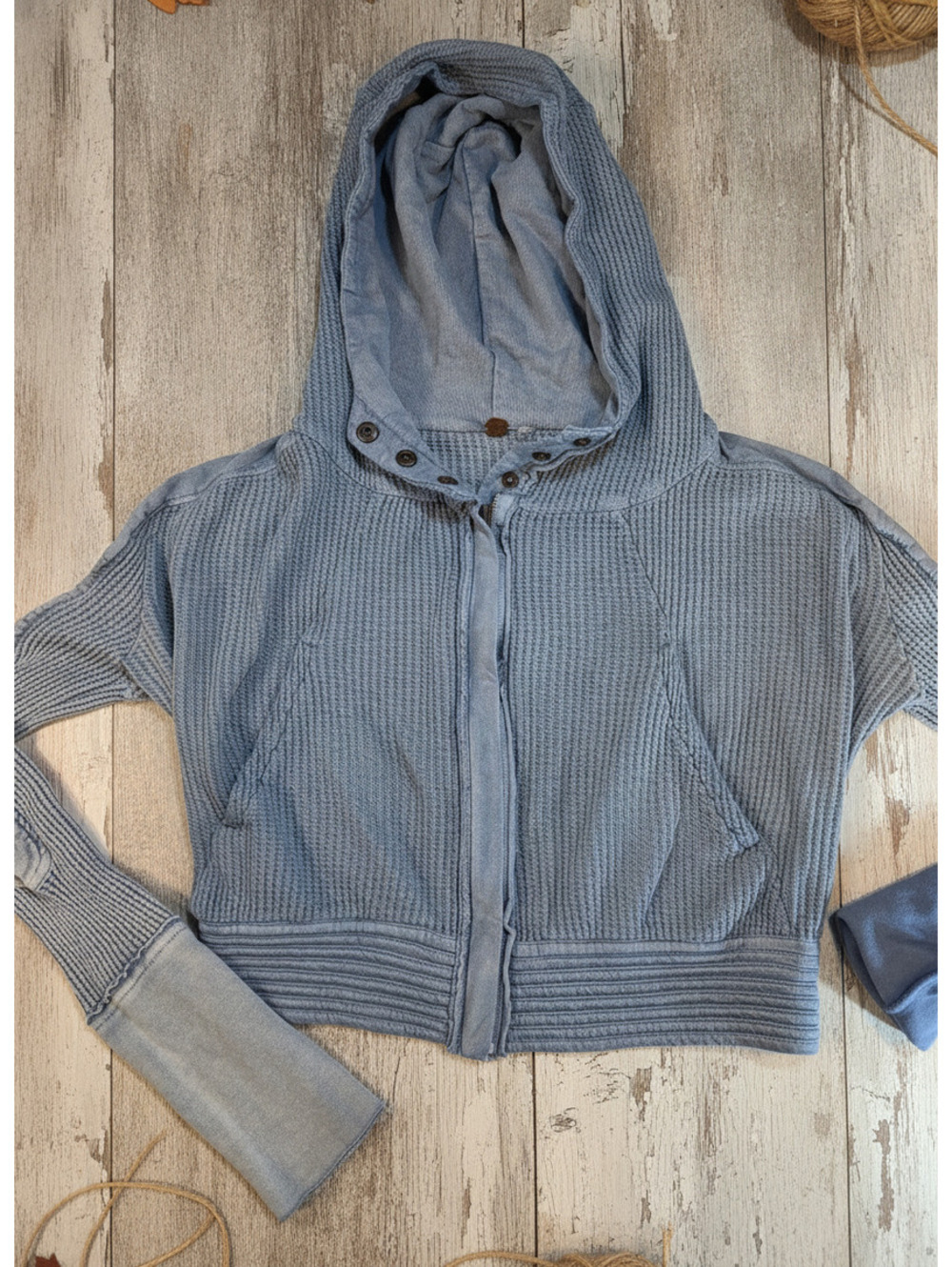 Free People Light Blue Waffle Knit Hooded Zip-Up Sweater XS